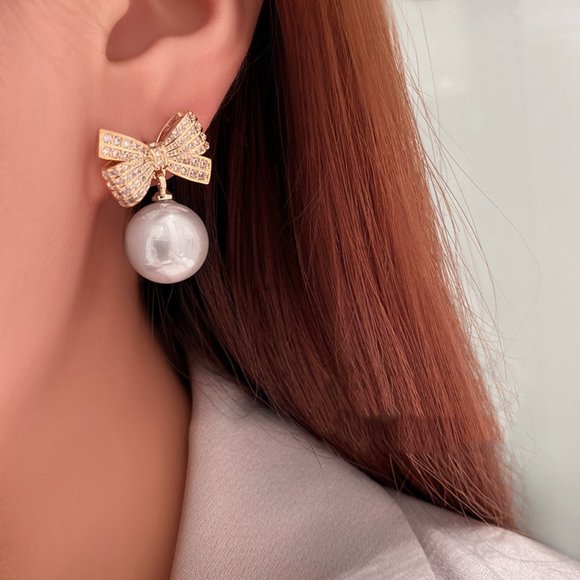 Gold Pearl Bow Earrings - Picture 4 of 6